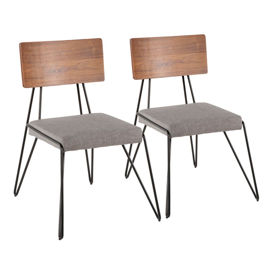 The Loft Mid-Century Modern Chair set features two chairs with walnut wood backs, gray cushioned seats, and black metal legs, shown side by side against a white background.