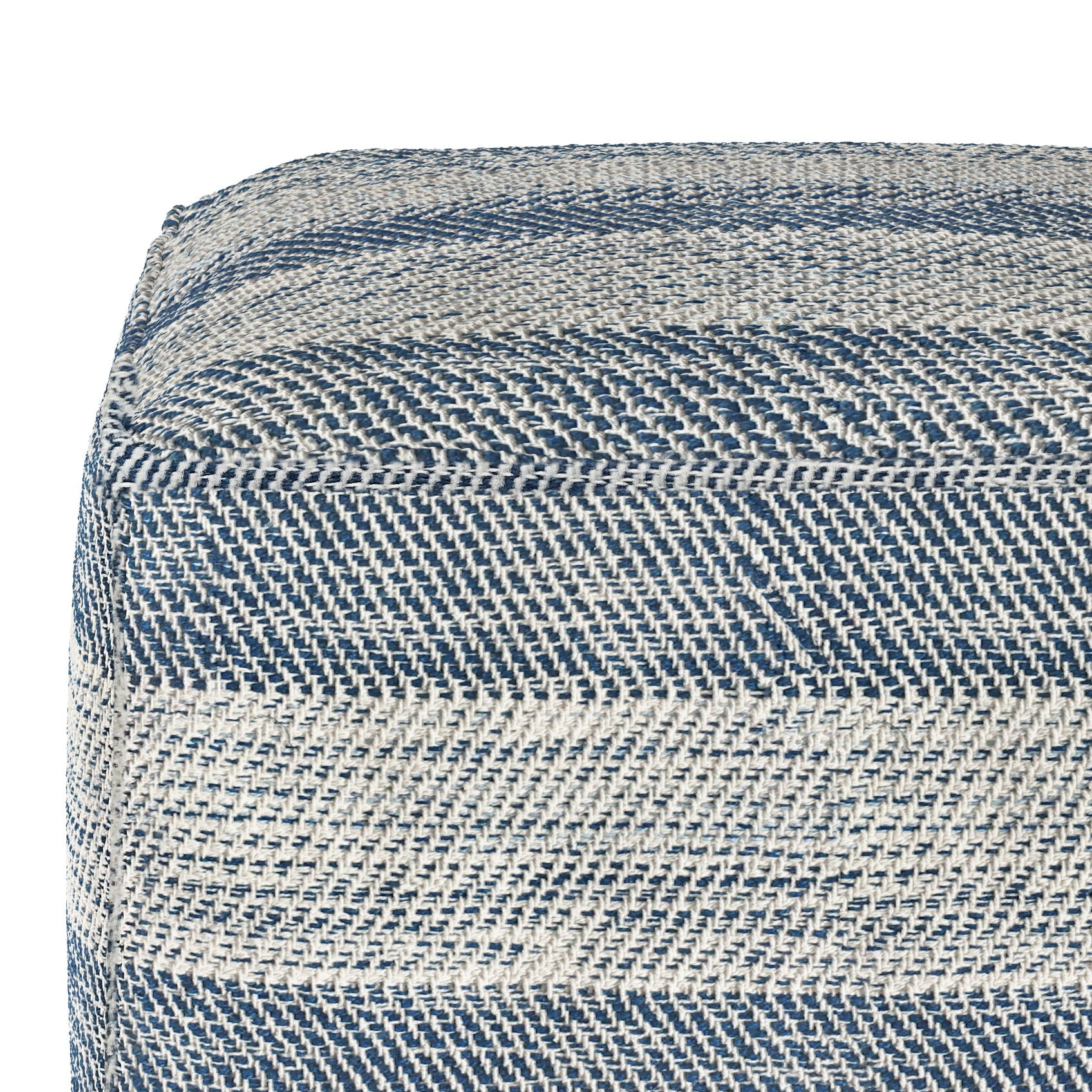 Close-up of the Clay - Square Pouf, Upholstered, featuring woven fabric with diagonal blue and white stripes that highlight the detailed texture and pattern of its material.