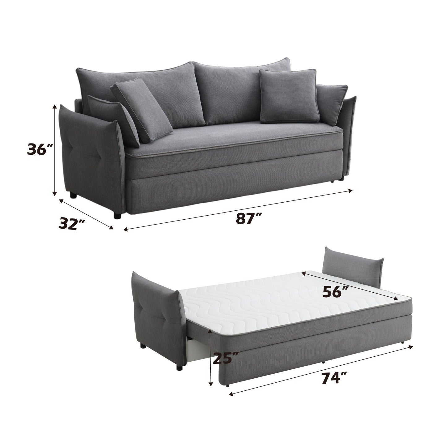 The Irina - Pull Out Sleep With Storage is shown as a sofa with cushions (87"W x 36"H x 32"D) and as a bed (74"L x 56"W x 25"H), with measurements clearly labeled.