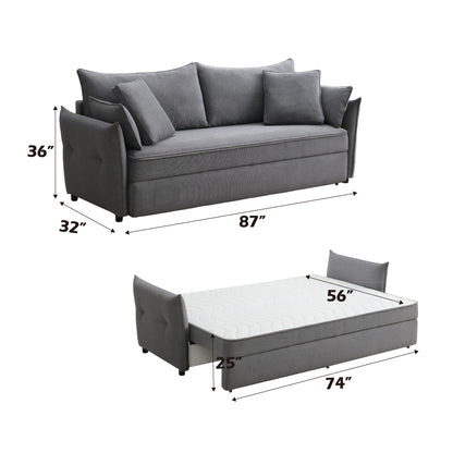 The Irina - Pull Out Sleep With Storage is shown as a sofa with cushions (87"W x 36"H x 32"D) and as a bed (74"L x 56"W x 25"H), with measurements clearly labeled.