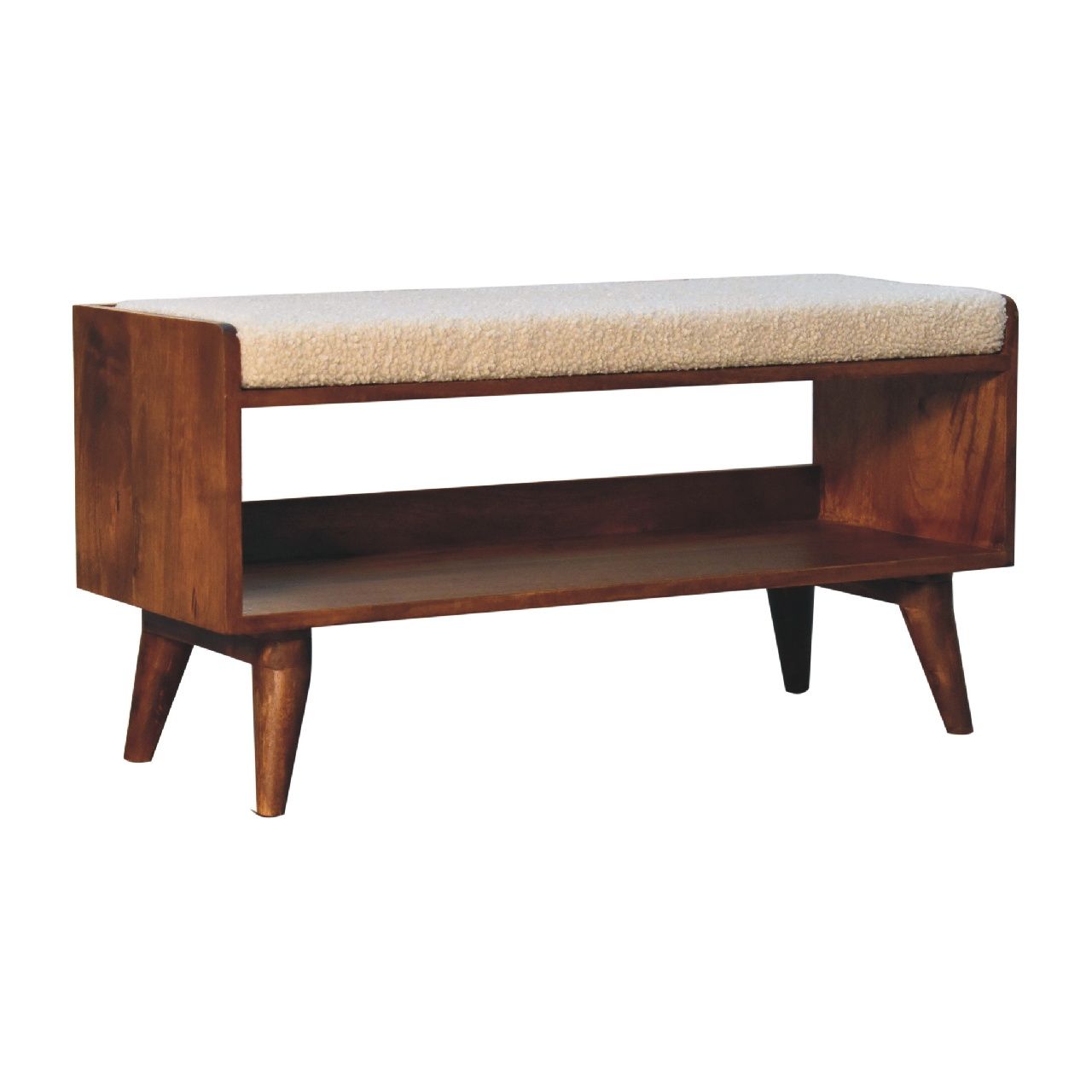 The Solid Wood Bench With Upholstered Seat features angled legs, an open lower shelf, and a cushioned beige seat. Its modern, minimalist design fits any space.