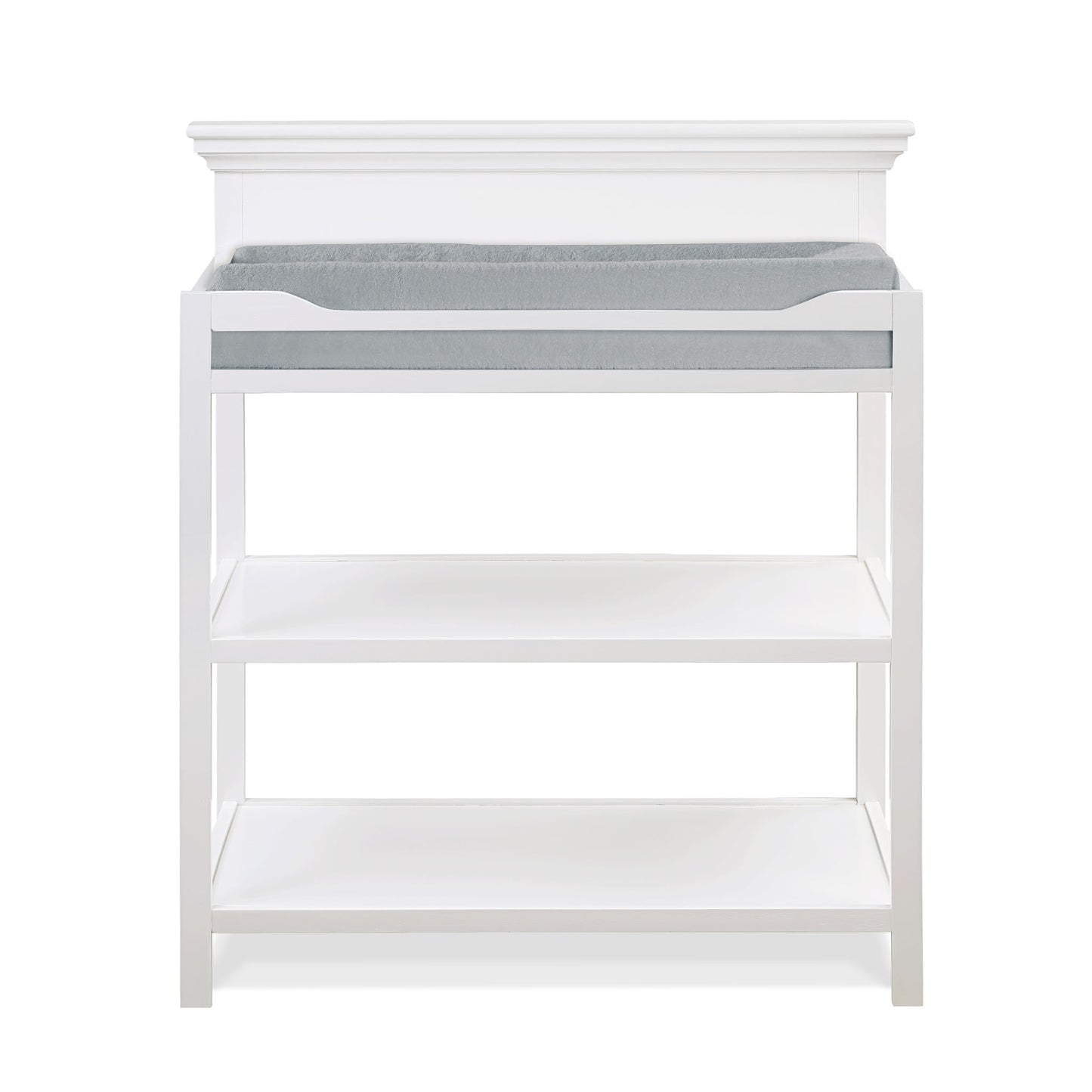 The Universal - Changing Table features a white wooden design with two open shelves below and a gray cushioned changing pad on top, shown against a plain white background.