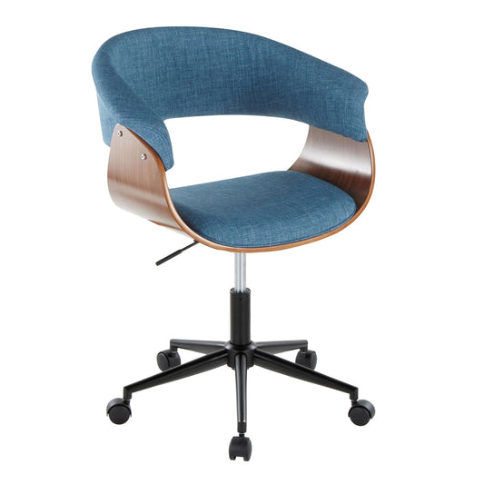 The Vintage Mod - Mid Century Modern Office Chair features a curved wooden frame, blue upholstered seat and backrest, black adjustable metal base, and five caster wheels.