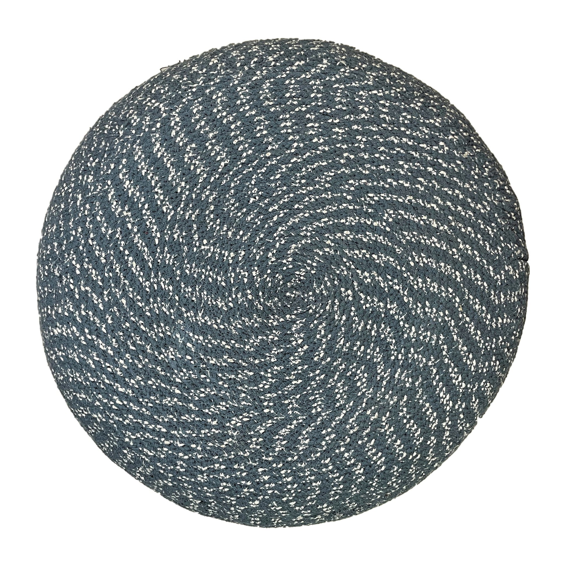 The Bayley - Versatile Round Braided Pouf is shown from above on a white background, featuring a dark gray and white woven spiral pattern.