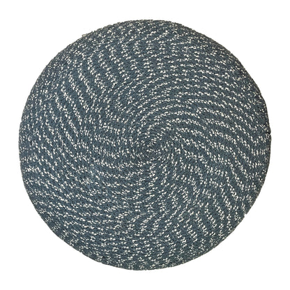 The Bayley - Versatile Round Braided Pouf is shown from above on a white background, featuring a dark gray and white woven spiral pattern.