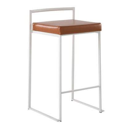 The Fuji Simple Elegance Contemporary Stackable Counter Stool features a white metal frame with square legs, a brown cushioned seat, and a minimalistic backless design with a horizontal support bar.