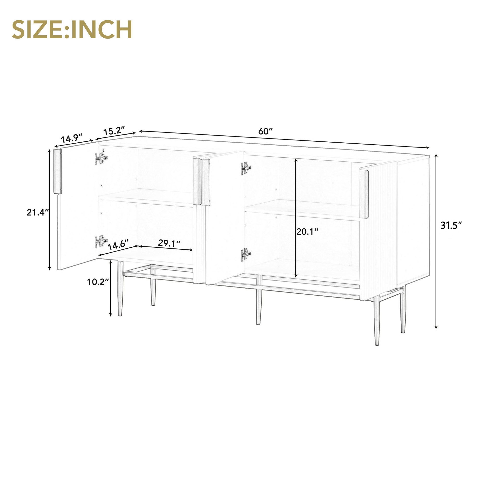 Line drawing of the Modern Elegant 4 Door Sideboard Buffet Cabinet with open doors reveals internal shelves. Overall dimensions: 60"W x 31.5"H x 14.9"D (inches); shelving and section measurements detailed in the illustration.