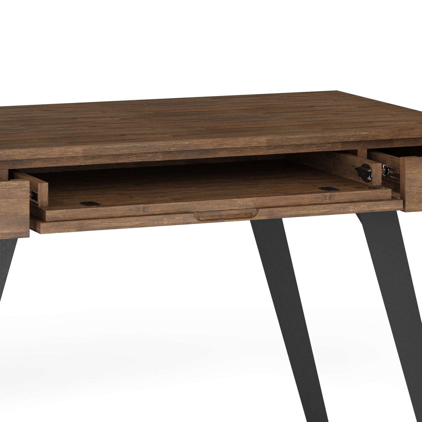 The Lowry - Handcrafted Desk features black angled legs and a pull-out keyboard tray partially extended to reveal storage beneath the wooden desktop, set against a white background.