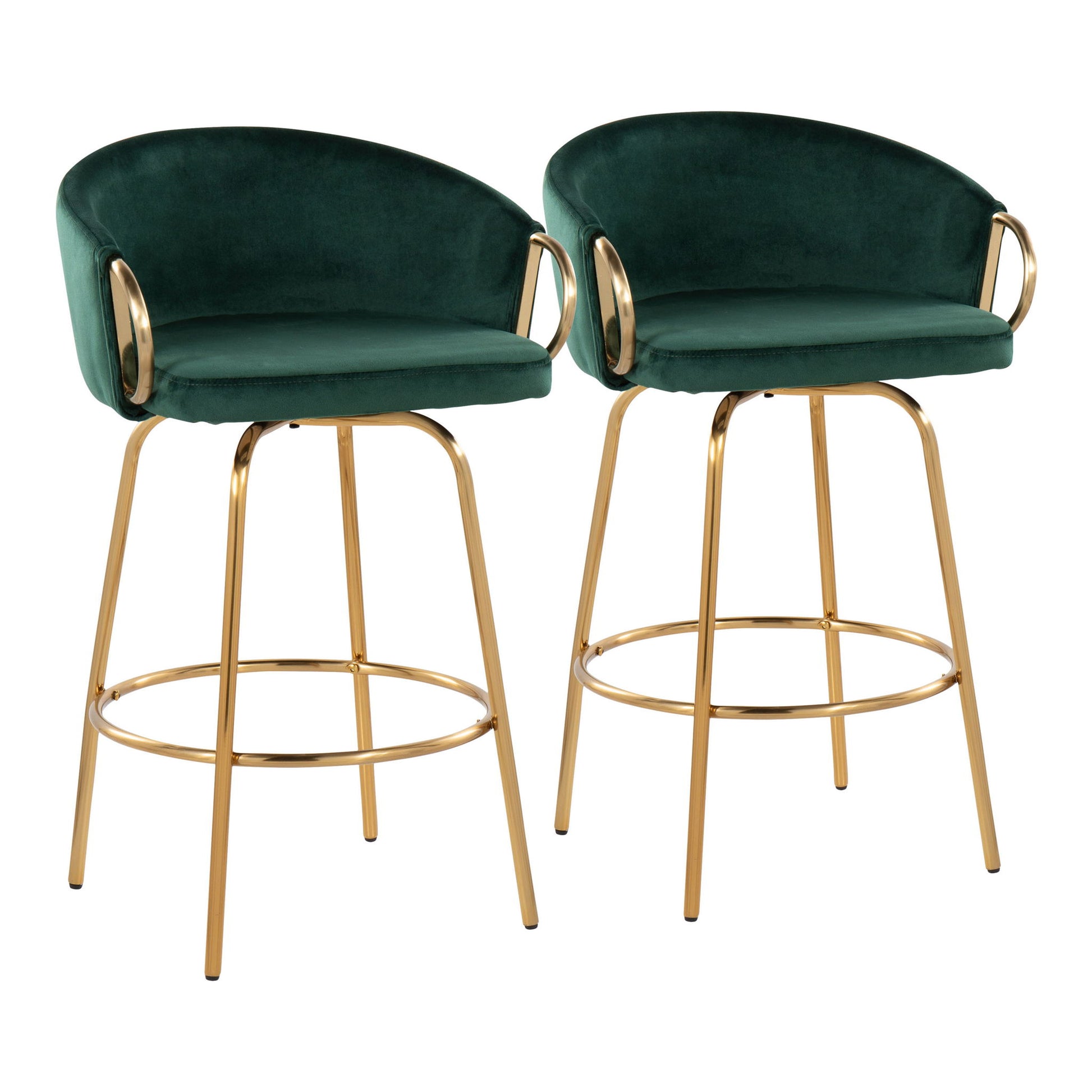 The Claire Contemporary & Glam Counter Stool set includes two modern stools with green velvet upholstery, curved backs, and gold metal legs and armrests, shown against a white background.
