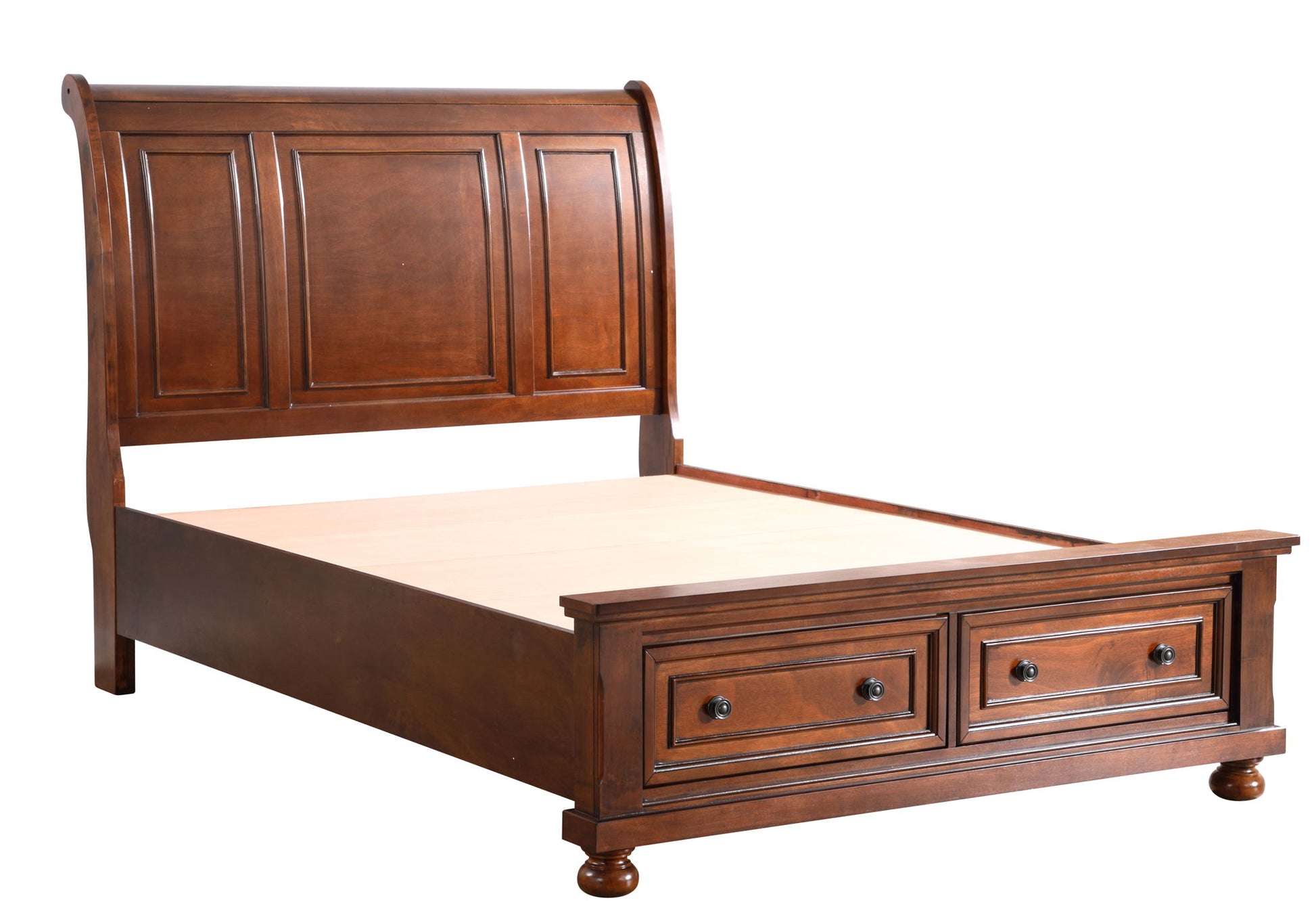 The Meade Sleigh Bed features a high paneled headboard, sleigh design, two storage drawers in the footboard, a warm brown finish, and round feet.