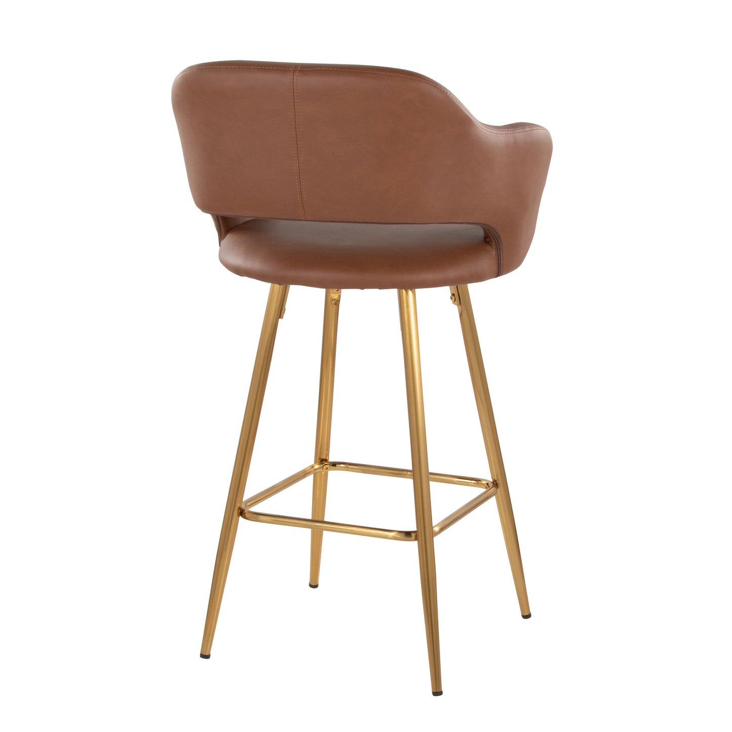 The Margarite contemporary bar stool set features a brown leather finish with a curved backrest and seat cushion, complemented by gold metal legs and a footrest. Pictured from the back against a white background.