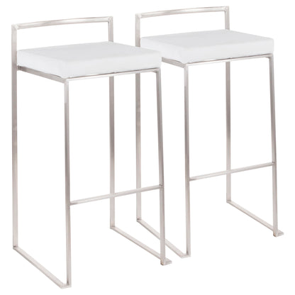The Fuji Barstool features a contemporary and elegant design with white cushioned seats, stackable minimalist silver metal frames, straight lines, and a low rectangular backrest.