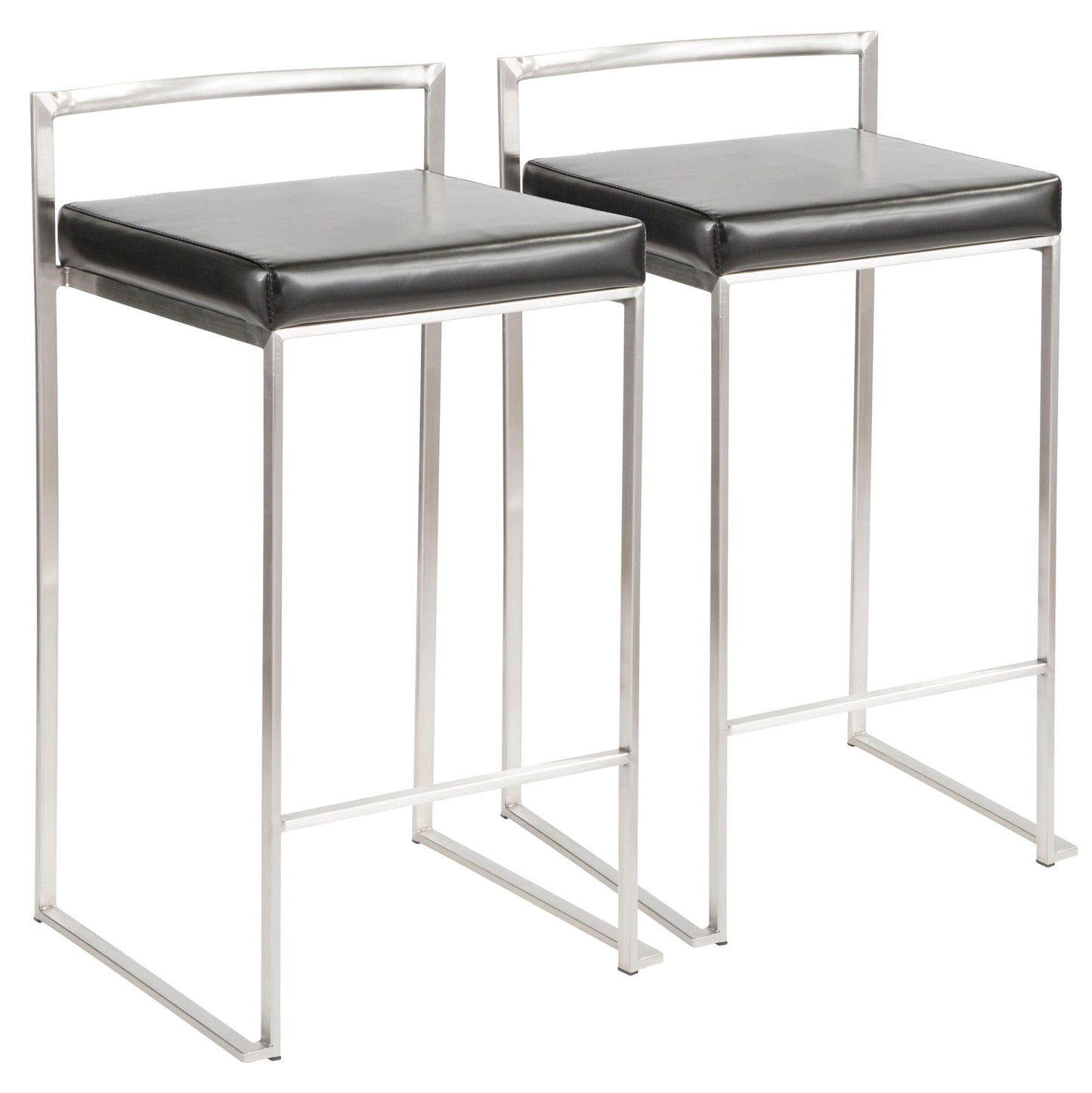 The Fuji Contemporary Stackable Counter Stools (set of 2) feature sleek metal frames, black cushioned seats, minimalist backs, and footrests for a modern look.