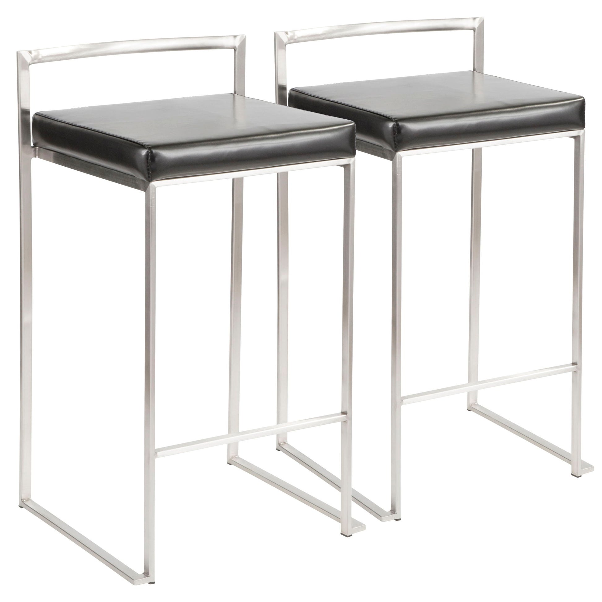 The Fuji Contemporary Stackable Counter Stools (set of 2) feature sleek metal frames, black cushioned seats, minimalist backs, and footrests for a modern look.