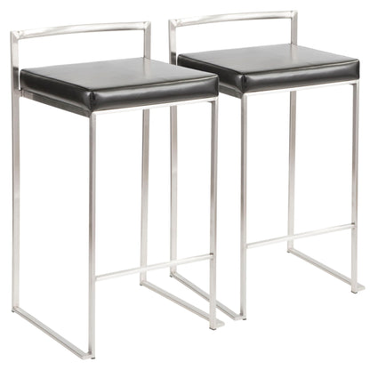 The Fuji Contemporary Stackable Counter Stools (set of 2) feature sleek metal frames, black cushioned seats, minimalist backs, and footrests for a modern look.