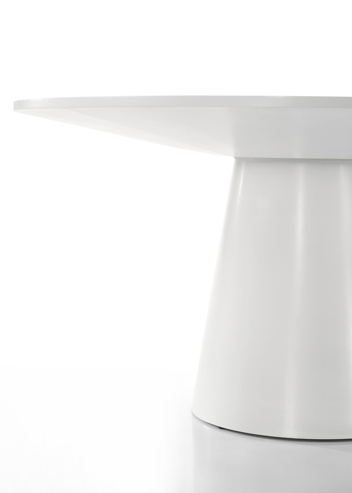 The Jasper Wide Contemporary Round Dining Table features a minimalist white design with a spacious flat top, conical base, clean lines, and glossy finish, set against a plain white background for a sleek modern look.