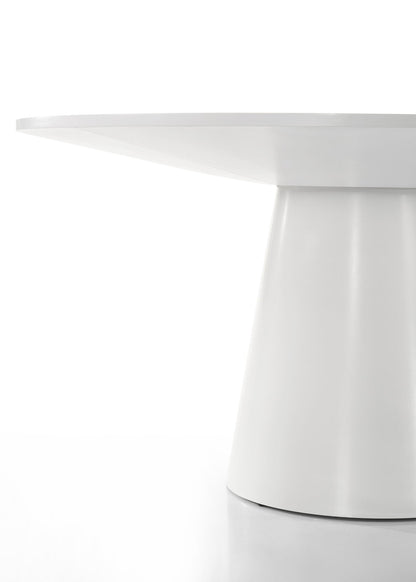 The Jasper Wide Contemporary Round Dining Table features a minimalist white design with a spacious flat top, conical base, clean lines, and glossy finish, set against a plain white background for a sleek modern look.