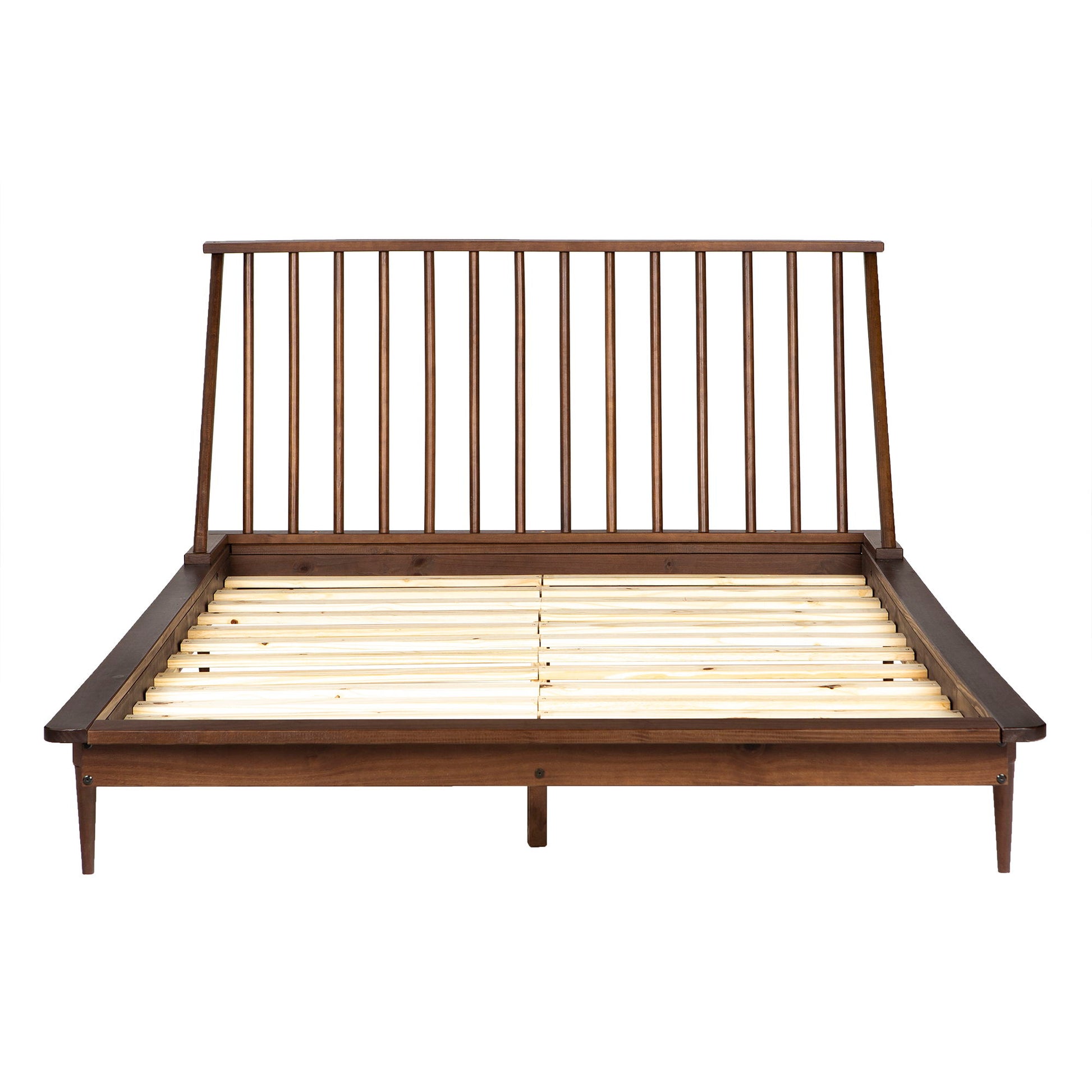The Mid-Century Modern Solid Wood Platform Bed Frame With Spindle Headboard features a dark brown finish, angled legs, a slatted spindle headboard, and horizontal wooden slats for mattress support. Mattress not included.