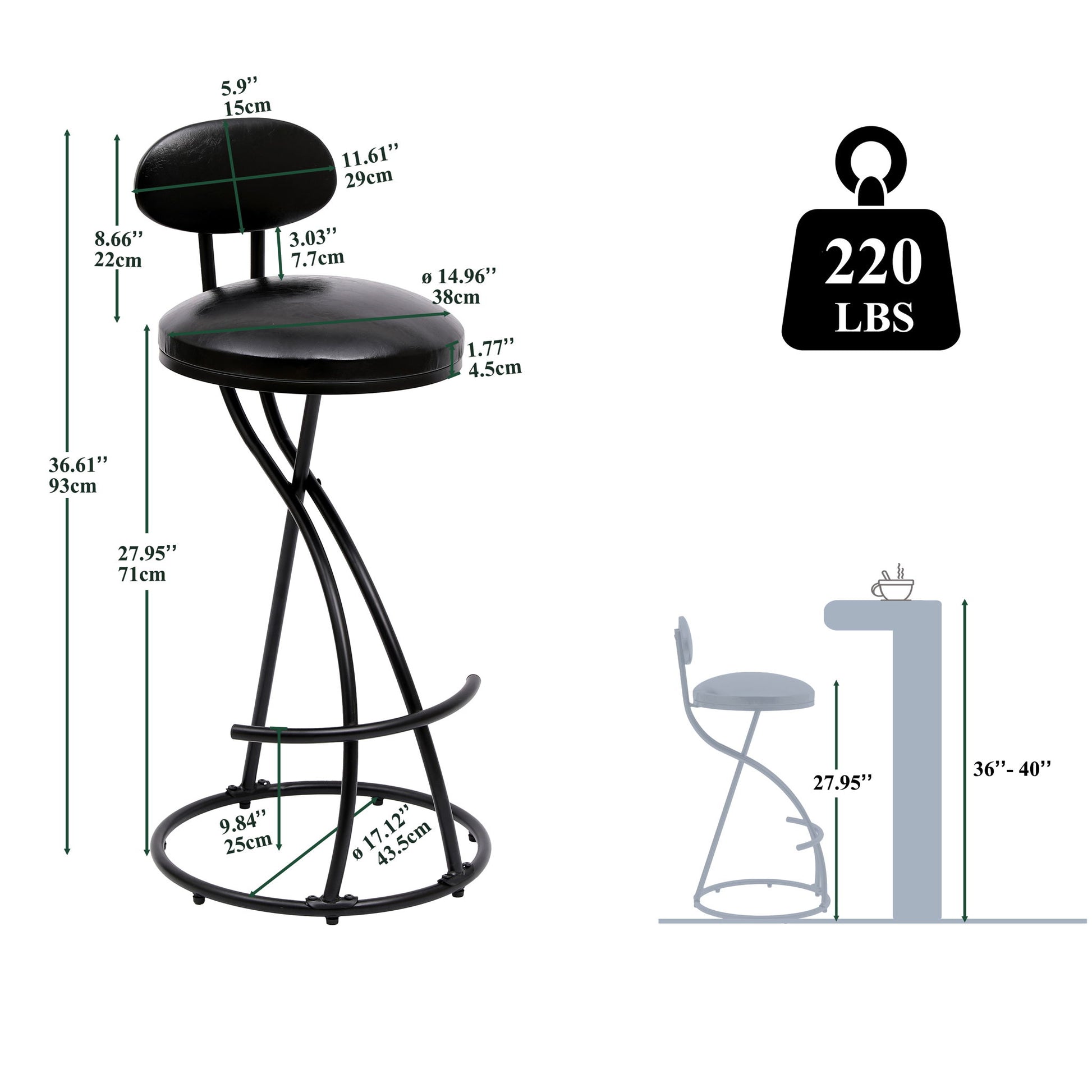The Bar Stools Upholstered Counter Height Barstools for Kitchen Island (Set of 2) in modern PU leather feature a rounded seat and backrest, metal frame, footrest, 220 lbs weight capacity, and are shown with detailed measurements and side view at counter height.