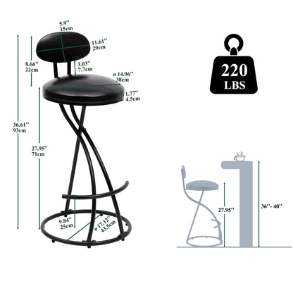 The Bar Stools Upholstered Counter Height Barstools for Kitchen Island (Set of 2) in modern PU leather feature a rounded seat and backrest, metal frame, footrest, 220 lbs weight capacity, and are shown with detailed measurements and side view at counter height.