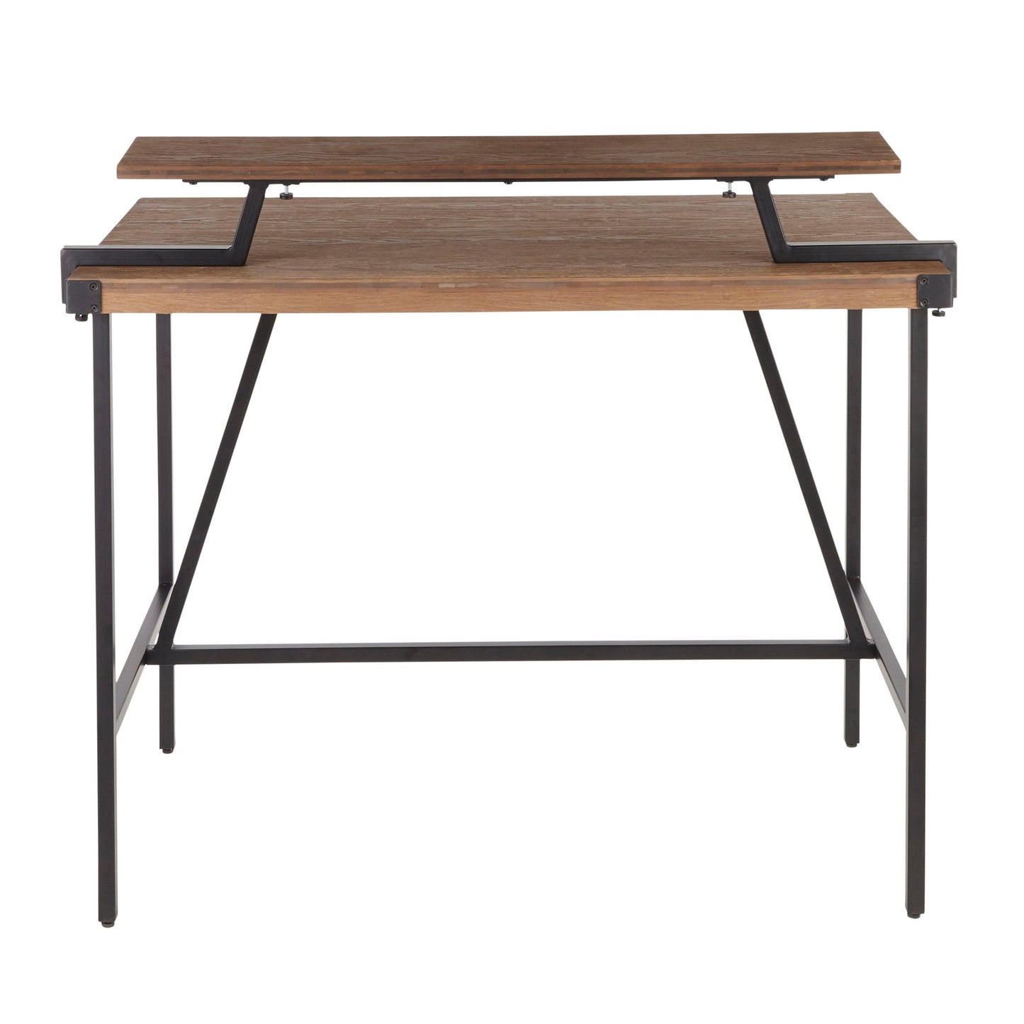 The Gia - Industrial Counter Table features a wooden top, black metal legs, and a raised shelf supported by black metal brackets. Its minimalist, modern design makes it a stylish addition to any space.