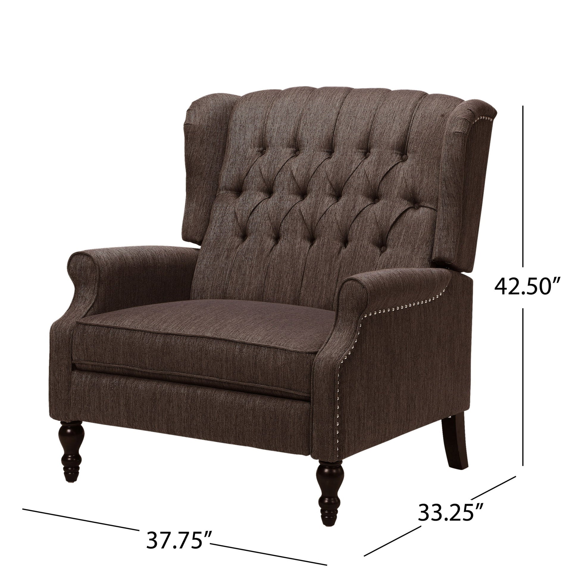 The Dunham Contemporary Fabric Tufted Oversized Pushback Recliner features dark brown upholstery, nailhead trim, a wingback design, and turned wooden front legs. It measures 42.5"H x 37.75"W x 33.25"D.