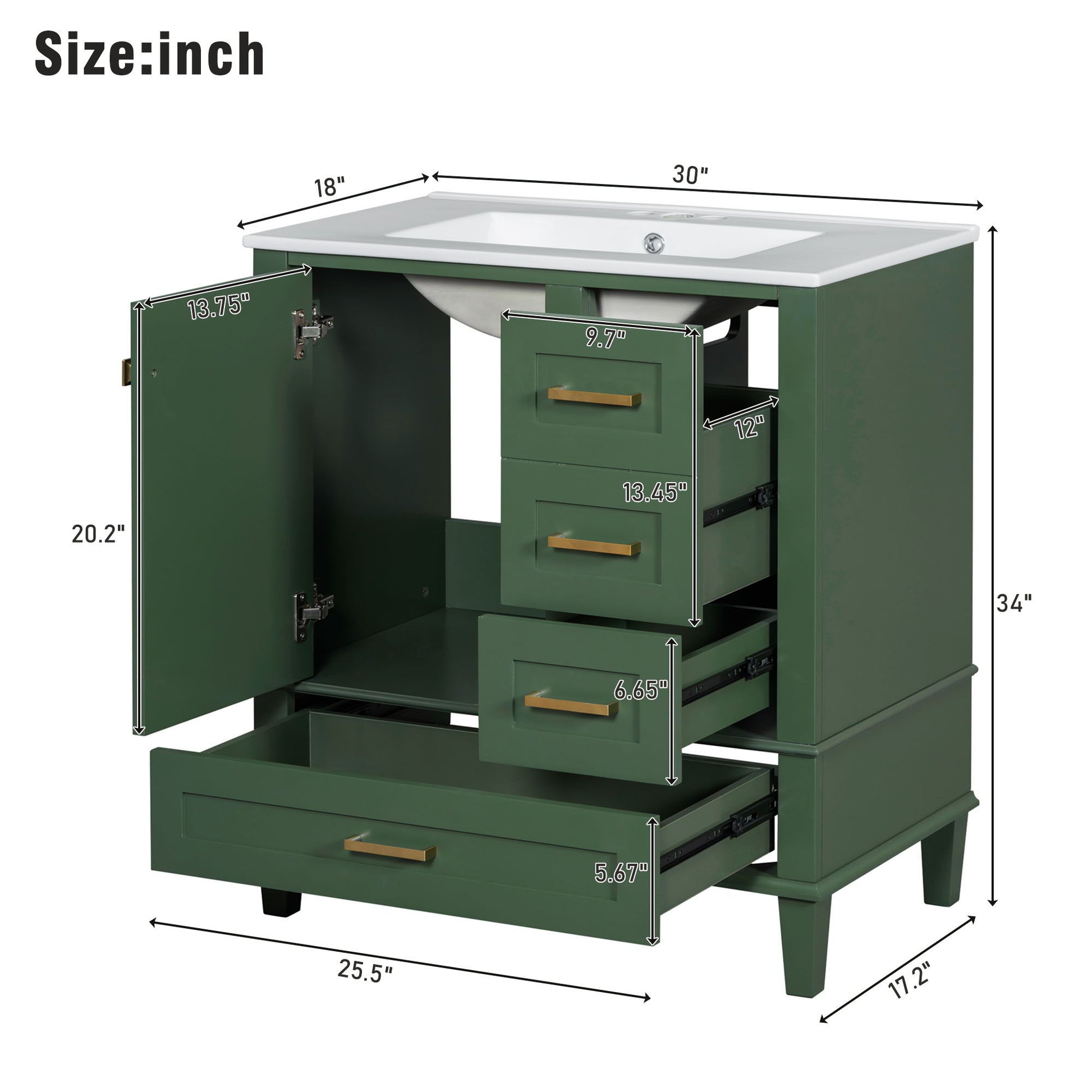 Bathroom Vanity with white sink, gold handles, solid wood frame, soft-closing door, and 3 drawers. Shown open for storage display. Dimensions: 34"H x 25.5"W x 17.2"D. Modern combo set for bathroom organization.