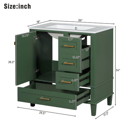 Bathroom Vanity with white sink, gold handles, solid wood frame, soft-closing door, and 3 drawers. Shown open for storage display. Dimensions: 34"H x 25.5"W x 17.2"D. Modern combo set for bathroom organization.