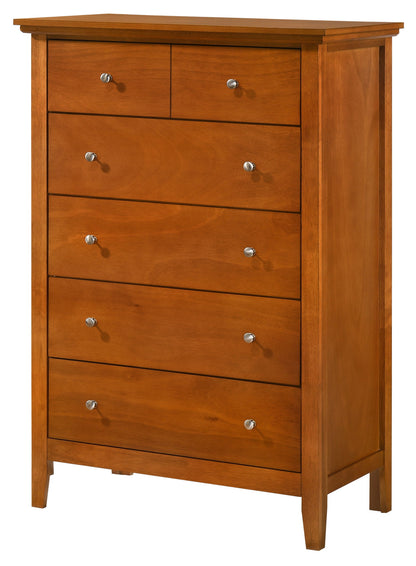 The Hammond Chest is a wooden dresser with a warm brown finish, featuring six drawers—two smaller upper drawers and four larger lower drawers—each adorned with a small round silver knob.