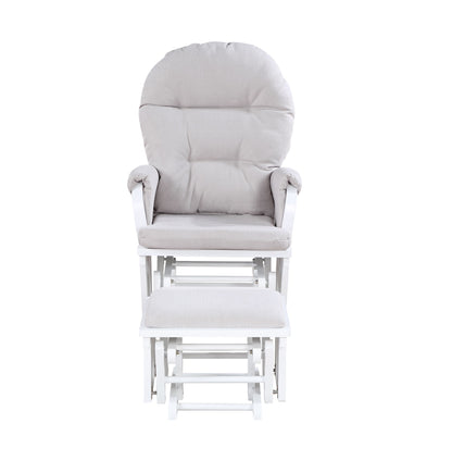 The Madison - Glider & Ottoman - White Base features cushioned beige seats and matching ottoman, both with white wooden frames, shown front-facing against a plain white background.