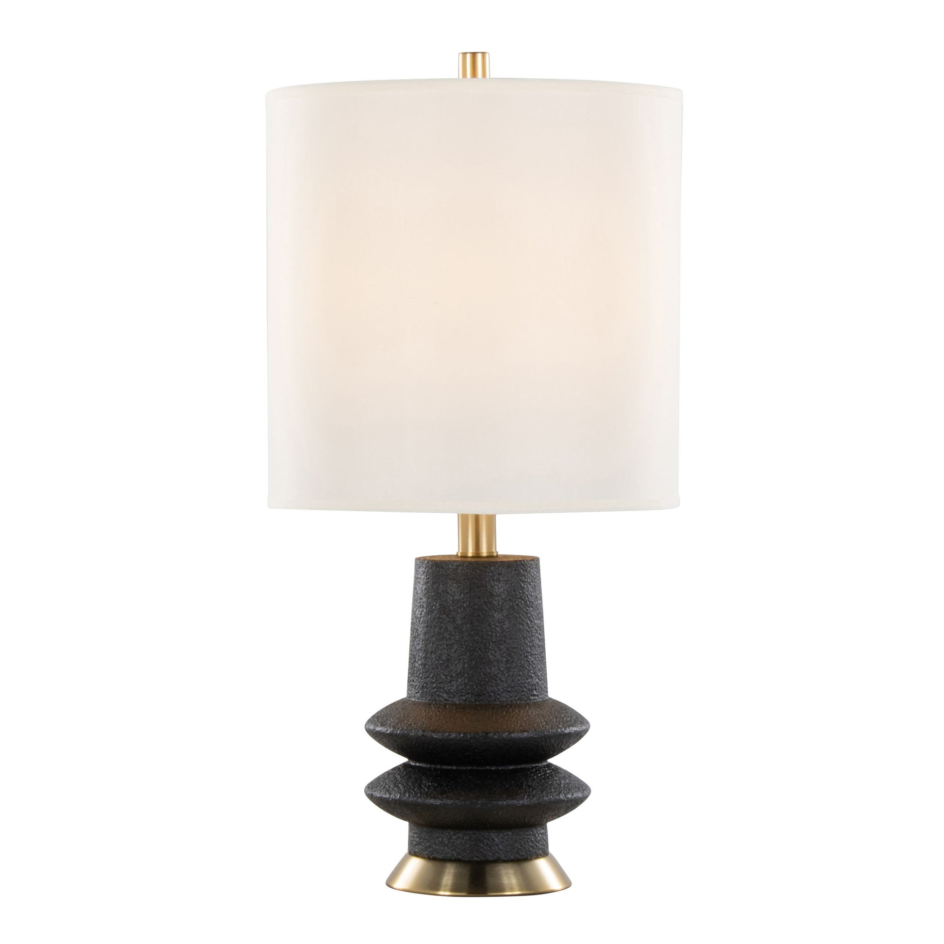 The Lloyd - Contemporary Table Lamp (Set of 2) features a textured black and gold geometric base with a cylindrical white fabric shade, blending modern style with classic elegance.