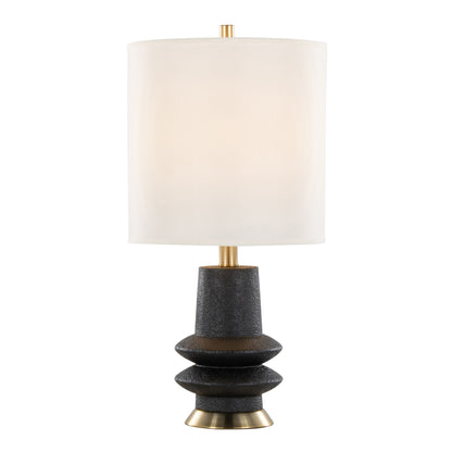 The Lloyd - Contemporary Table Lamp (Set of 2) features a textured black and gold geometric base with a cylindrical white fabric shade, blending modern style with classic elegance.
