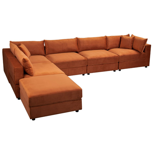 The Uptown Modular Sofa in burnt orange features an L-shaped design with multiple seat and back cushions, a left-side chaise lounge, and low blocky armrests.