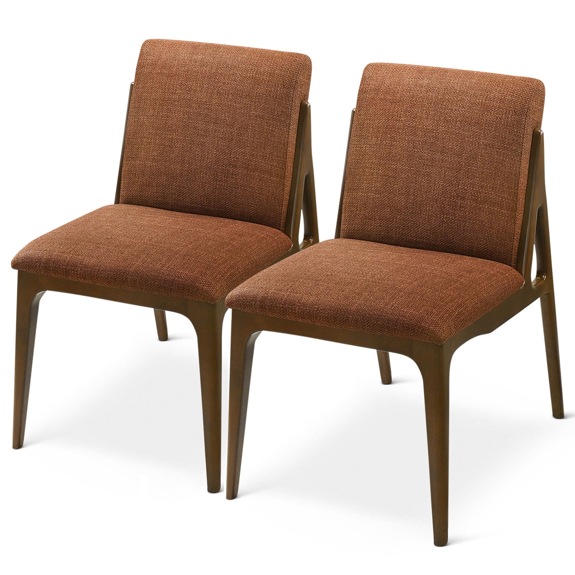 The Grivelle Elegant Dining Chair set includes two wooden chairs with angled legs and brown upholstered seats and backs, shown side by side on a white background.