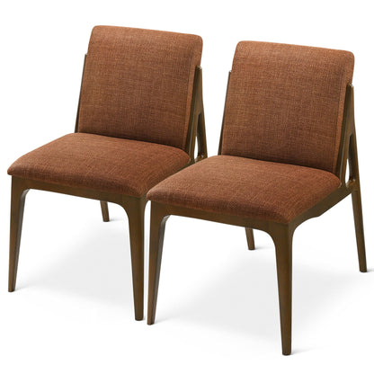 The Grivelle Elegant Dining Chair set includes two wooden chairs with angled legs and brown upholstered seats and backs, shown side by side on a white background.