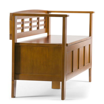 The Adams - Entryway Storage Bench Handcrafted is a wooden bench with an open back featuring a rectangular lattice design, side armrests, and a solid panel base, shown on a white background.
