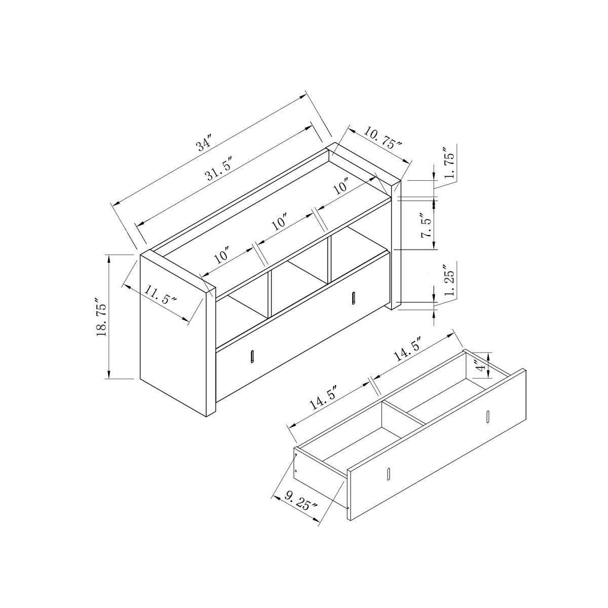 Line drawing of the Shoe Entry Bench With Three Shelves, One Drawer With Divided Compartment, showing detailed measurements: 34" wide, 18.75" high, 11.5" deep, with labeled dimensions for each shelf and drawer compartment.