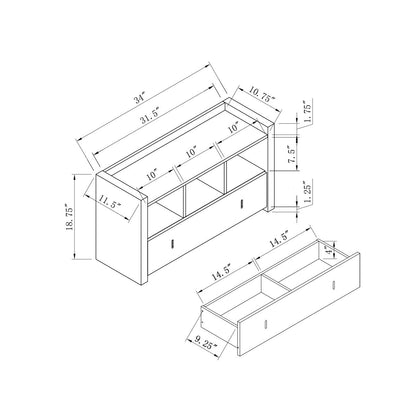 Line drawing of the Shoe Entry Bench With Three Shelves, One Drawer With Divided Compartment, showing detailed measurements: 34" wide, 18.75" high, 11.5" deep, with labeled dimensions for each shelf and drawer compartment.