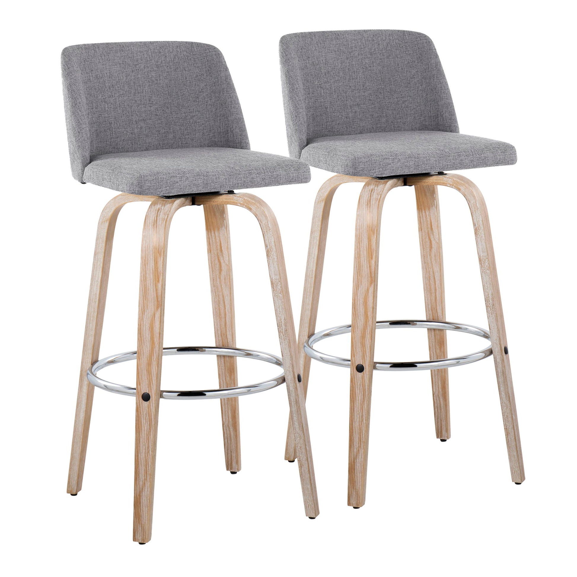 The Toriano Contemporary Fixed Height Barstools (set of 2) feature swivel seats, round chrome footrests, light wood legs, and grey upholstered seats and backs, shown side by side on a white background.