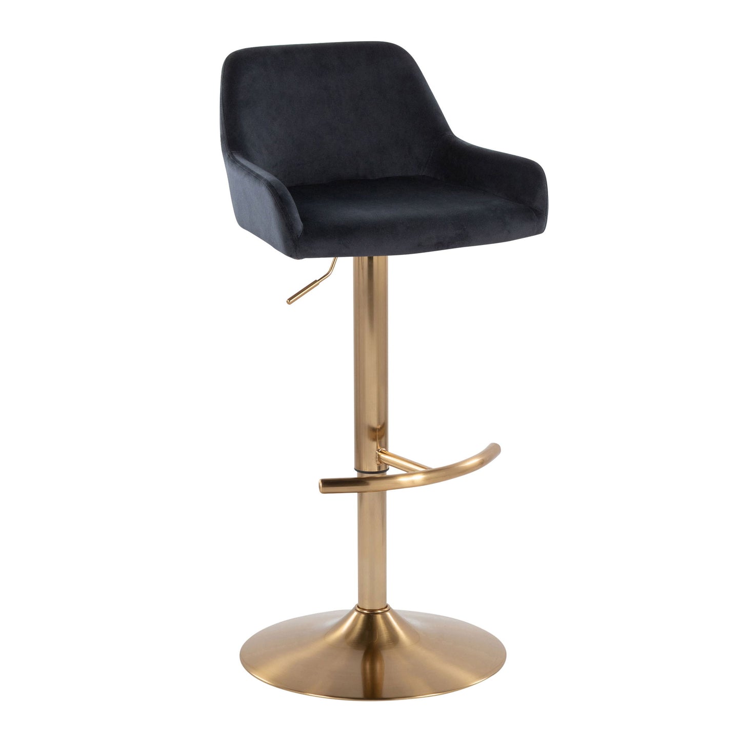 The Daniella Contemporary Adjustable Barstool (Set of 2) features a black upholstered seat, curved backrest with armrests, gold metal base, rounded T footrest, and swivel functionality.