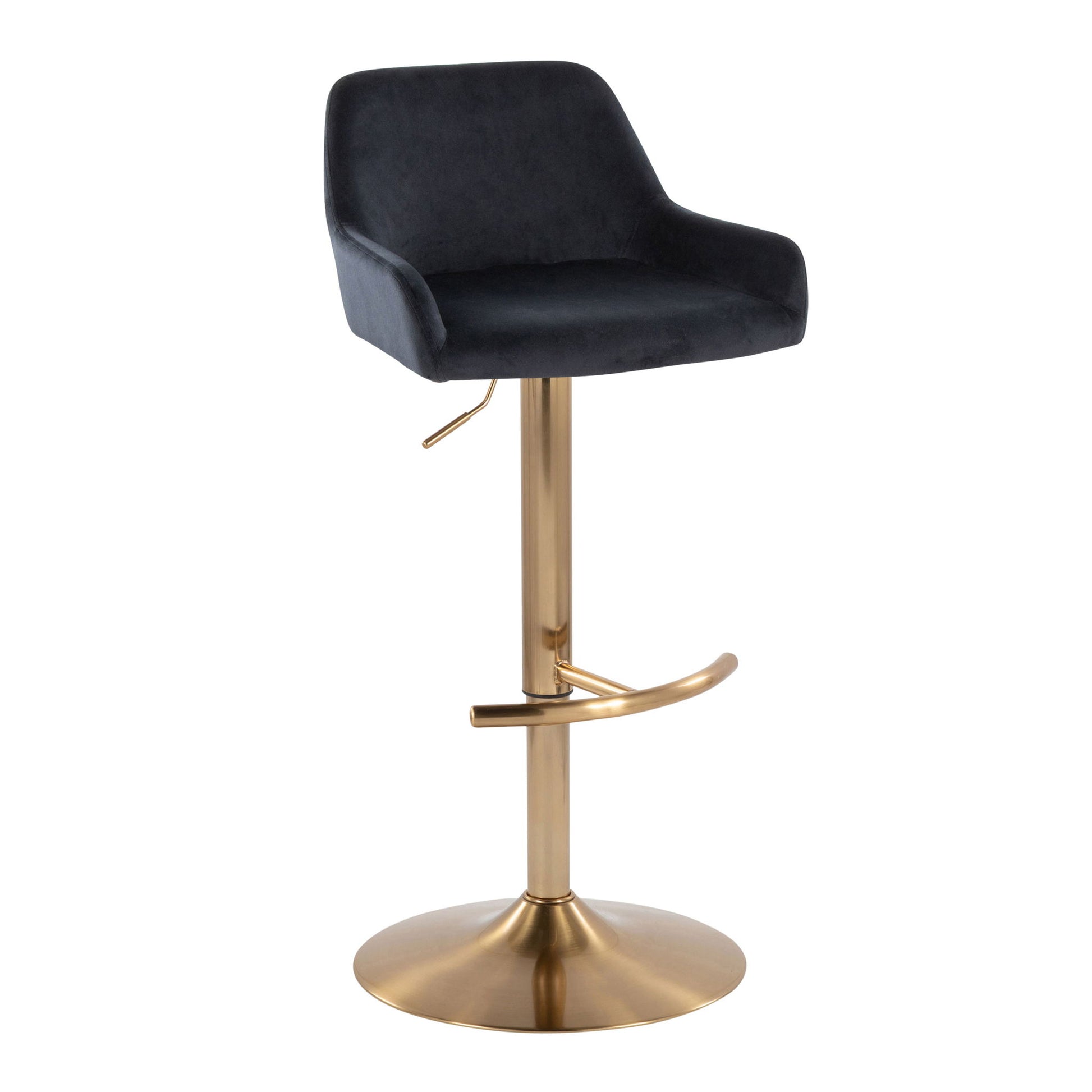 The Daniella Contemporary Adjustable Barstool (Set of 2) features a black upholstered seat, curved backrest with armrests, gold metal base, rounded T footrest, and swivel functionality.