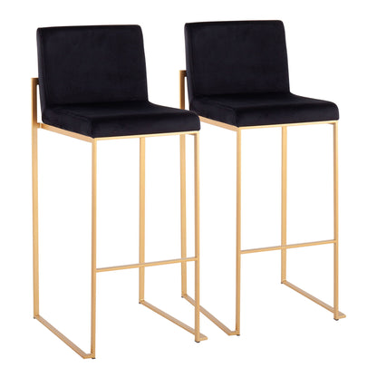 The Fuji Contemporary Design High Back Barstool (Set of 2) features black cushioned seats and backs with sleek gold metal frames, straight legs, and a minimalist modern design.