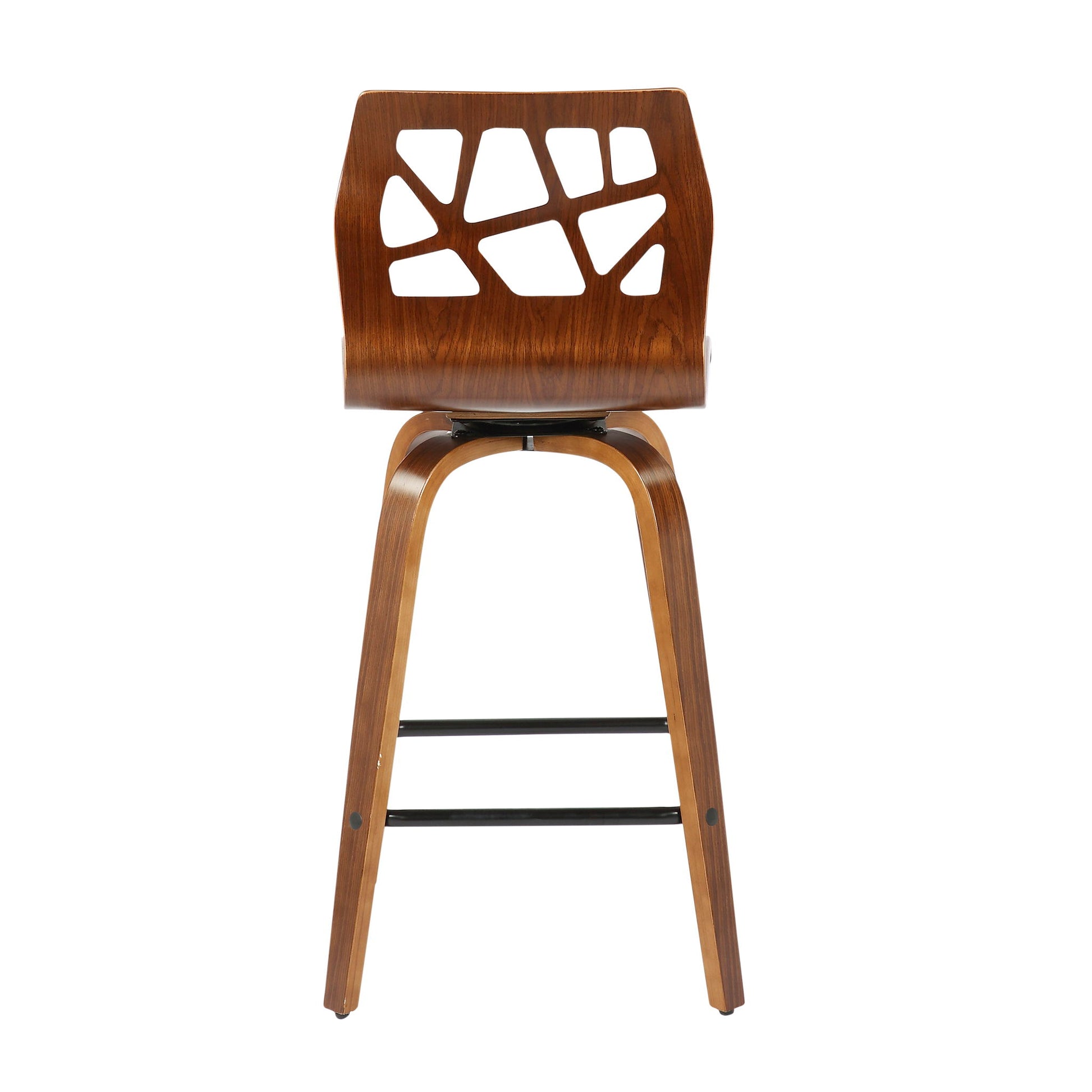 The Folia Mid Century Modern Fixed Height Counter Stool (Set of 2) features a wooden curved seat and backrest with a geometric cutout, four angled legs, and black metal supports, plus swivel functionality.