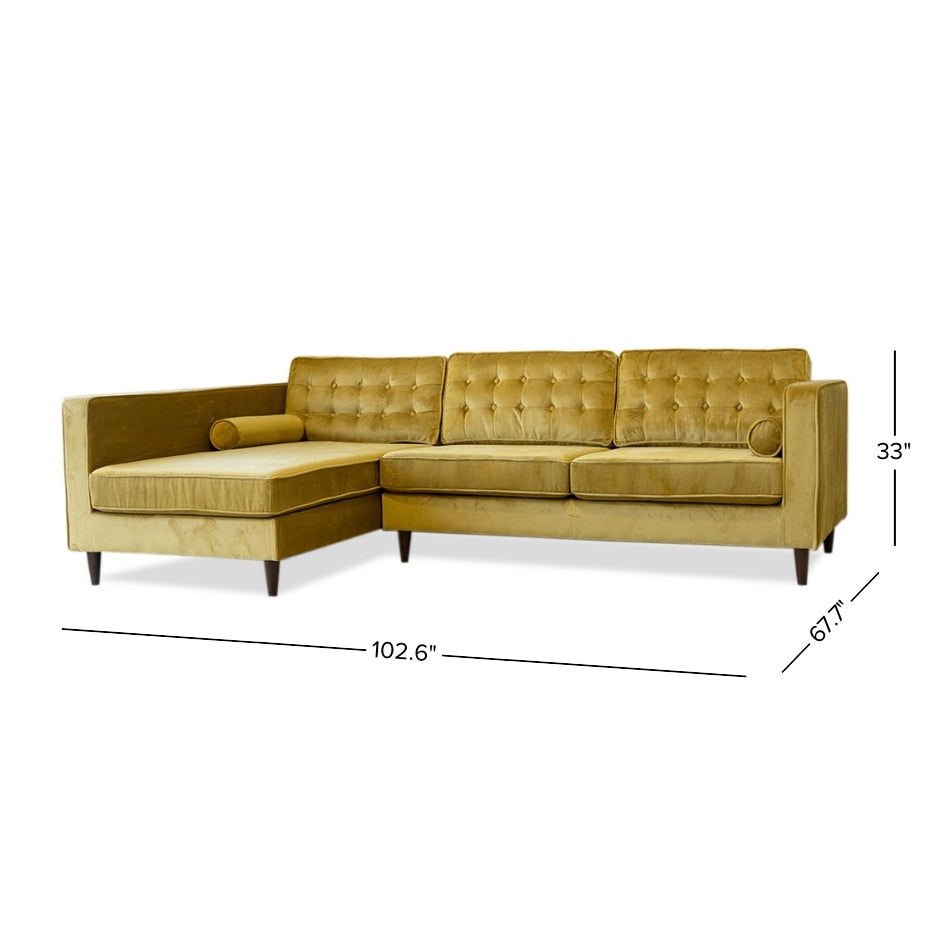 The Christian Mid-Century Modern Design Sectional Sofa features a mustard yellow L-shape, tufted back cushions, two bolster pillows, and tapered wooden legs. Dimensions: 102.6"W x 67"D x 33"H.