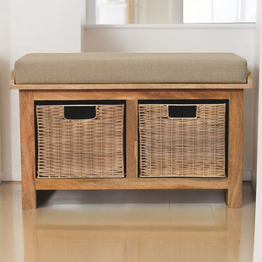 Rattan Basket Linen Bench - Brown