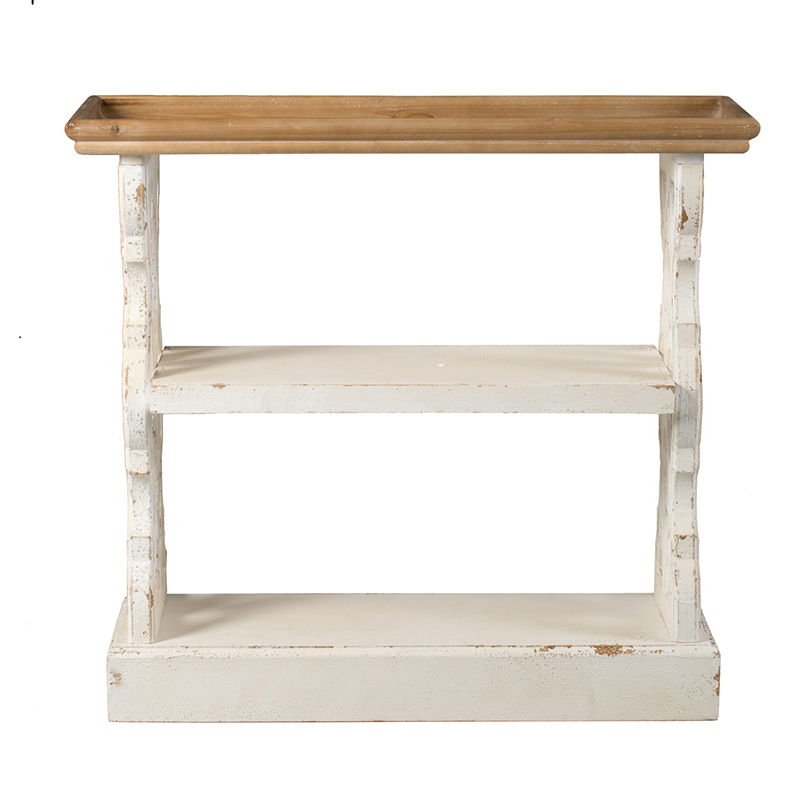 The Distressed Wood Shelf Tray is a French Country console table in brown and antique white, featuring two rustic tiers with a distressed white finish and a natural wood top in a simple vintage style.