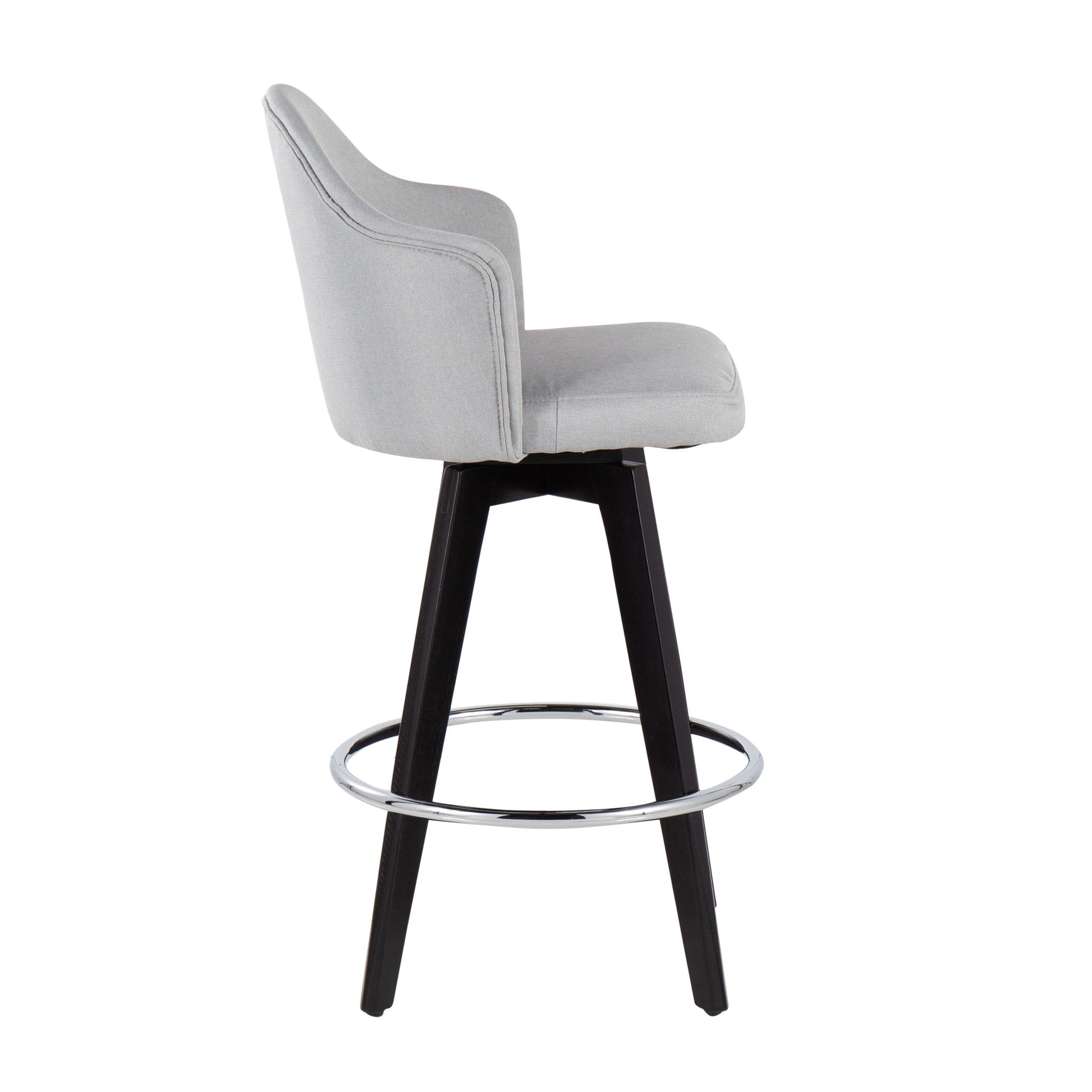 The Ahoy Contemporary Fixed Height Counter Stool (Set of 2) features a light gray upholstered seat, black wooden legs, and a round chrome footrest, shown here in a side view.