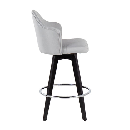 The Ahoy Contemporary Fixed Height Counter Stool (Set of 2) features a light gray upholstered seat, black wooden legs, and a round chrome footrest, shown here in a side view.