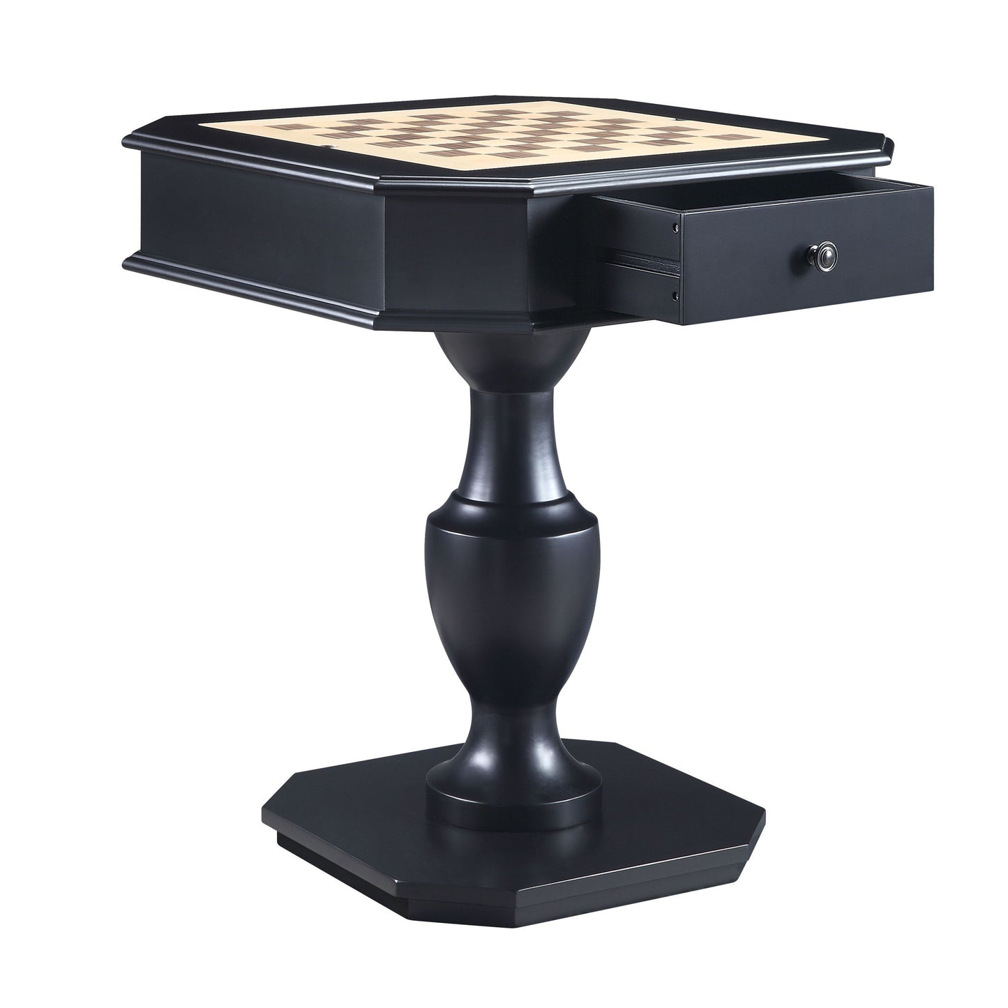 The Galini Game Table is a small black wooden chess table featuring a pedestal base, a built-in chessboard top, and a partially open side drawer for storage.