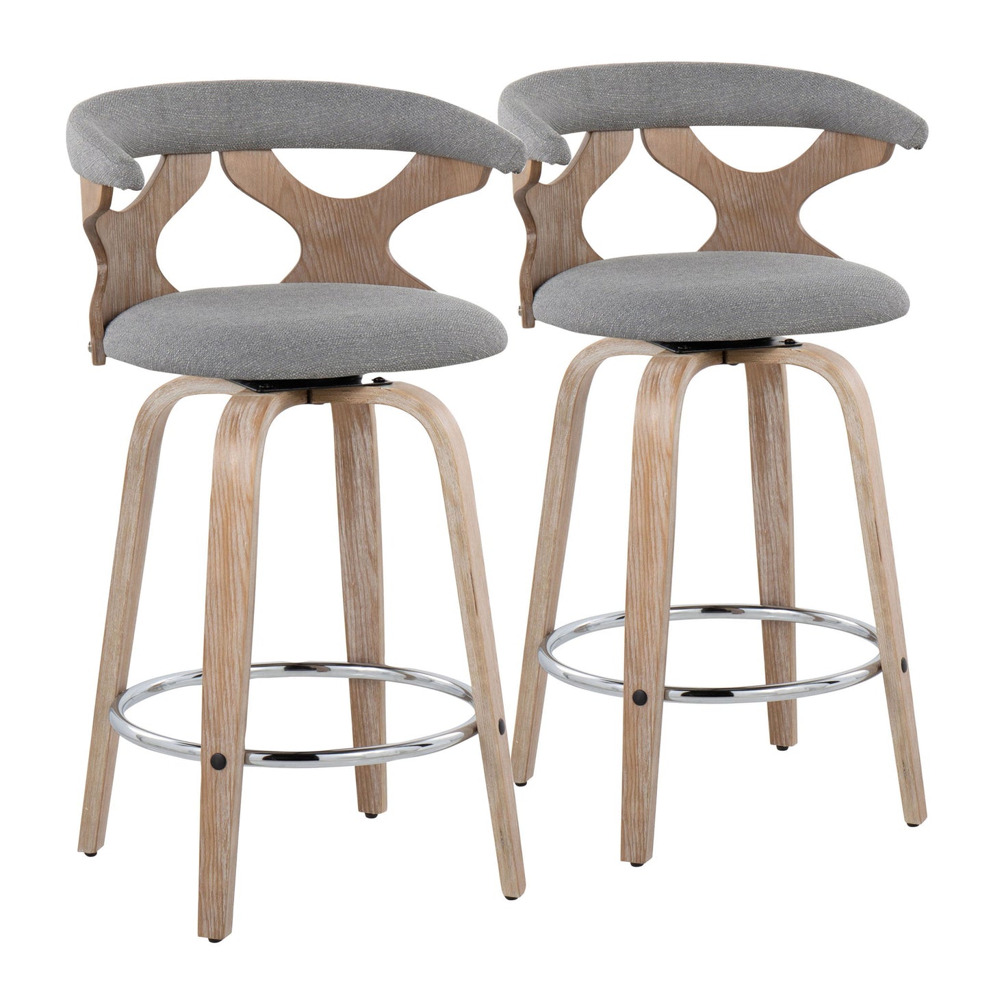 The Gardenia set includes two mid-century modern fixed height counter stools with swivel, light wood legs, chrome circular footrests, curved open-backrests with geometric cutouts, and gray upholstered seats and backs.